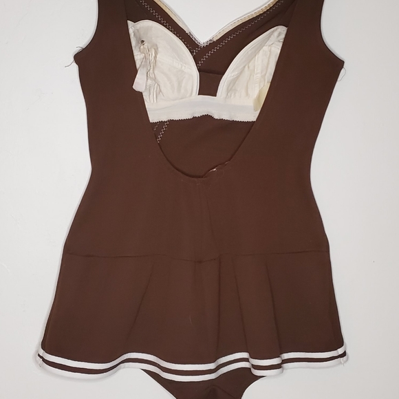60s Sweetheart Brown Vintage One Piece Swimsuit with White Striped Lining - Picture 11 of 13